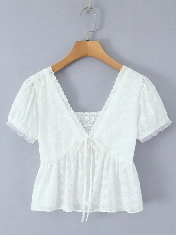 Dolce bambola allentata con finiture in pizzo irt Street Sle V-Ne ricamato con cintura scavata per donne piccole Autunno ort Sve