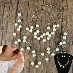 Fashion Wedding Jewelry Imitation Pearl Simple Necklace Set Matching Bracelet Earring For Women Engagement Party Accessories