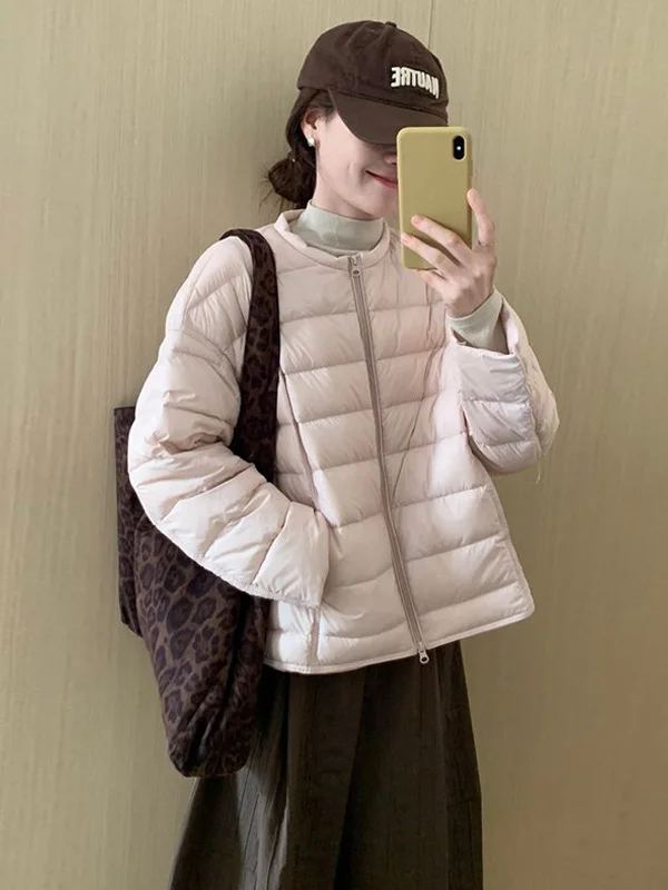 

Slimming Warm Thick Cotton Jacket Women's round Neck Korean Style Versatile Winter Outerwear Commute Straight Cut Long Sleeve
