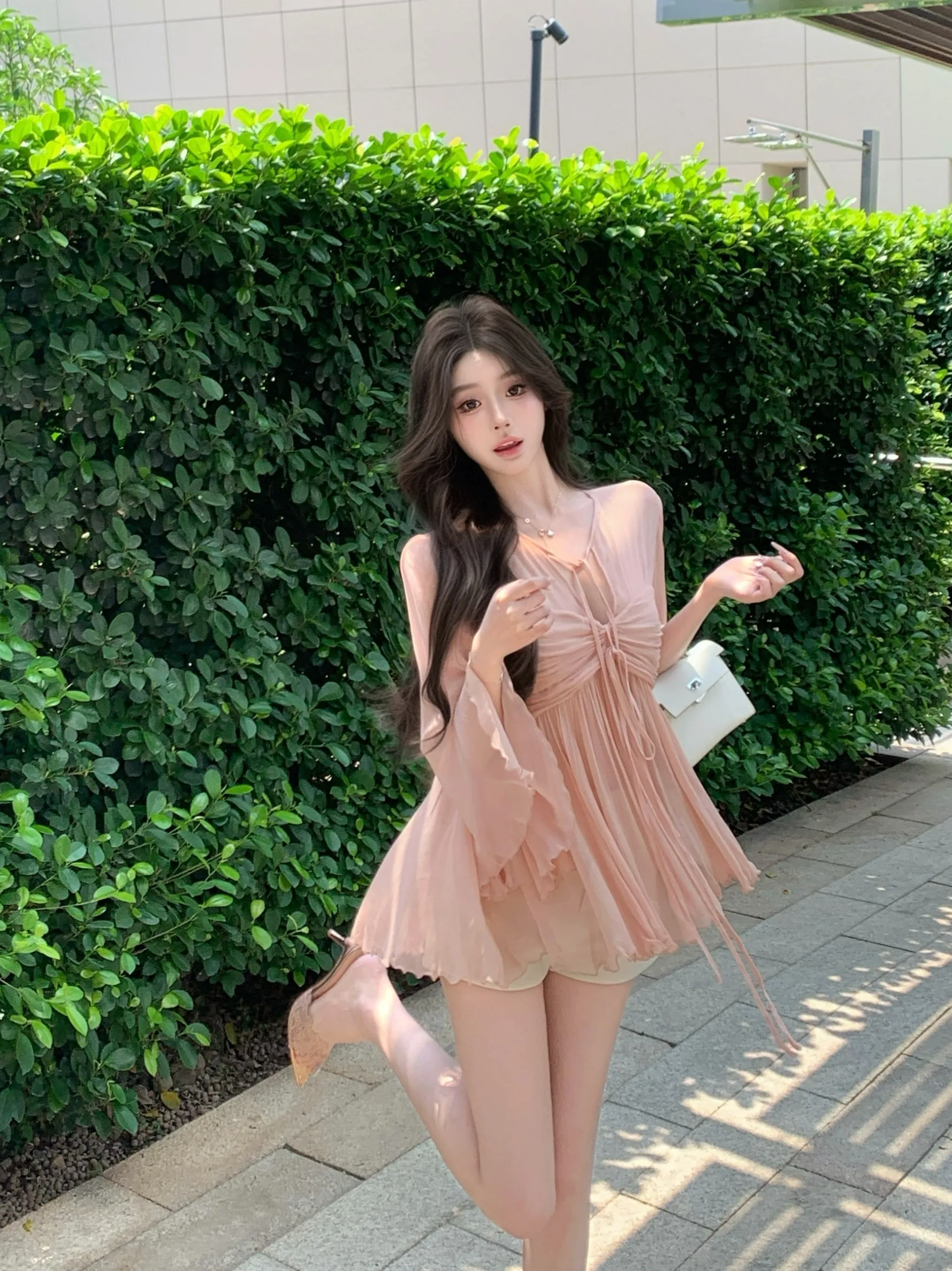 

Pink Long Sve Chiffon irt Women Summer Gentle Loose Thin Unique Personali Top V-ne Polyester Fiber 00% Casual irt