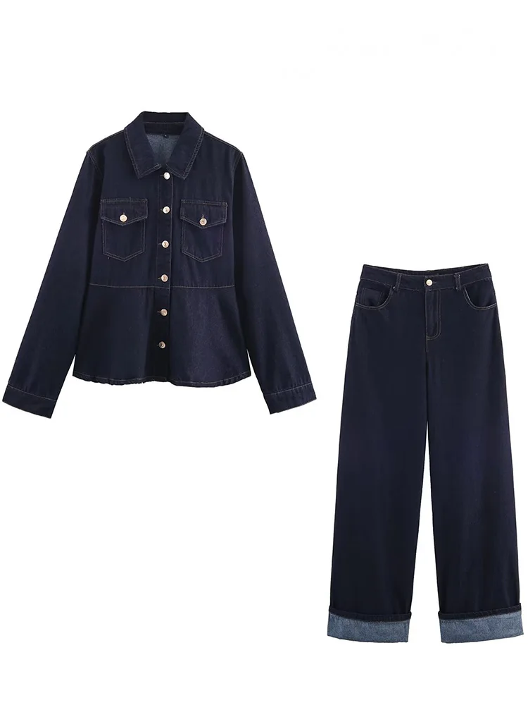 

HH Женский модный однобортный джинсовый топ с длинными рукавами и лацканами + осенние прямые брюки с завышенной талией и молнией, комплект из 2 предметов