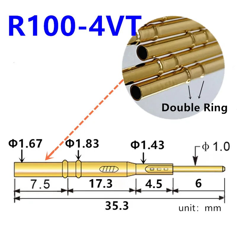 20/100PCS R100-4VT Test Pin P100-B1 Receptacle Brass Tube Needle Sleeve Seat Crimp Connect Probe Sleeve 35.3mm Outer Dia 1.67mm