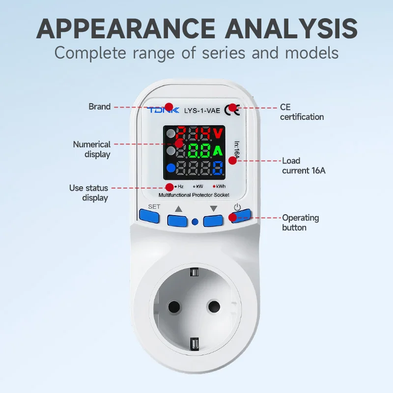 TDNK EU Socket Protector 16A 220V Digital Voltmeter Ammeter Overvoltage Undervoltage Overcurrent Protection