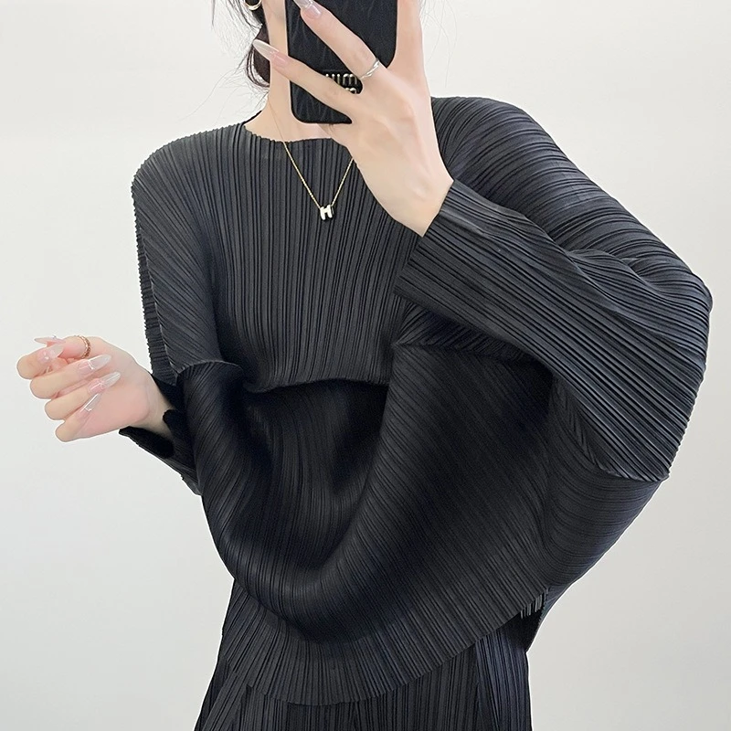 

Miyake Fold 2025 г., весенне-осенний модный топ со свободным силуэтом и круглым вырезом, однотонный топ с длинными рукавами для женщин