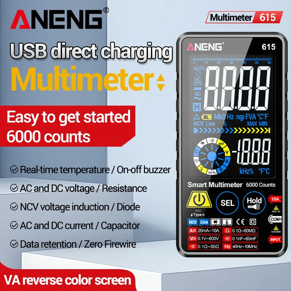 Multimeter Smart Touch Digital Large Display Screen Rechargeable AC/DC Voltage Current Capacitor Resistance Test Tools ANENG 615