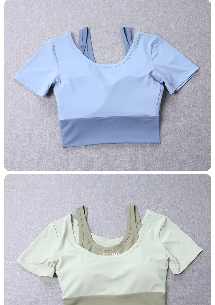 2-in-1-BH mit integriertem BH für Damen, enges Yoga-Oberteil, schnell trocknendes, kurzes Trainingsshirt, Sommer-Fitness-Training, kurze Ärmel – Detail 4