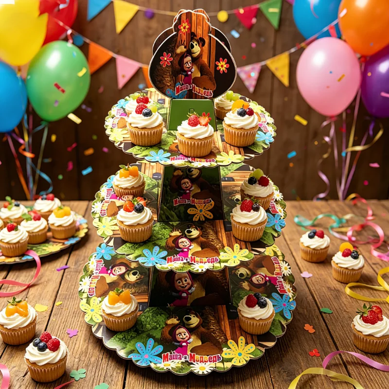 Masha e o urso, suprimentos para festa de aniversário infantil, suporte de bolo, decoração de bolo pequeno, sobremesa, decoração de mesa