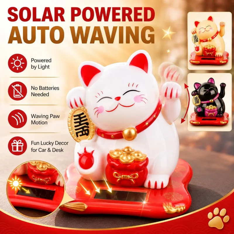 Solar Powered Waving Lucky Cat, Cute Maneki Neko Dashboard Ornament for Car Interior Office Desk Grand Opening Gift Display Item