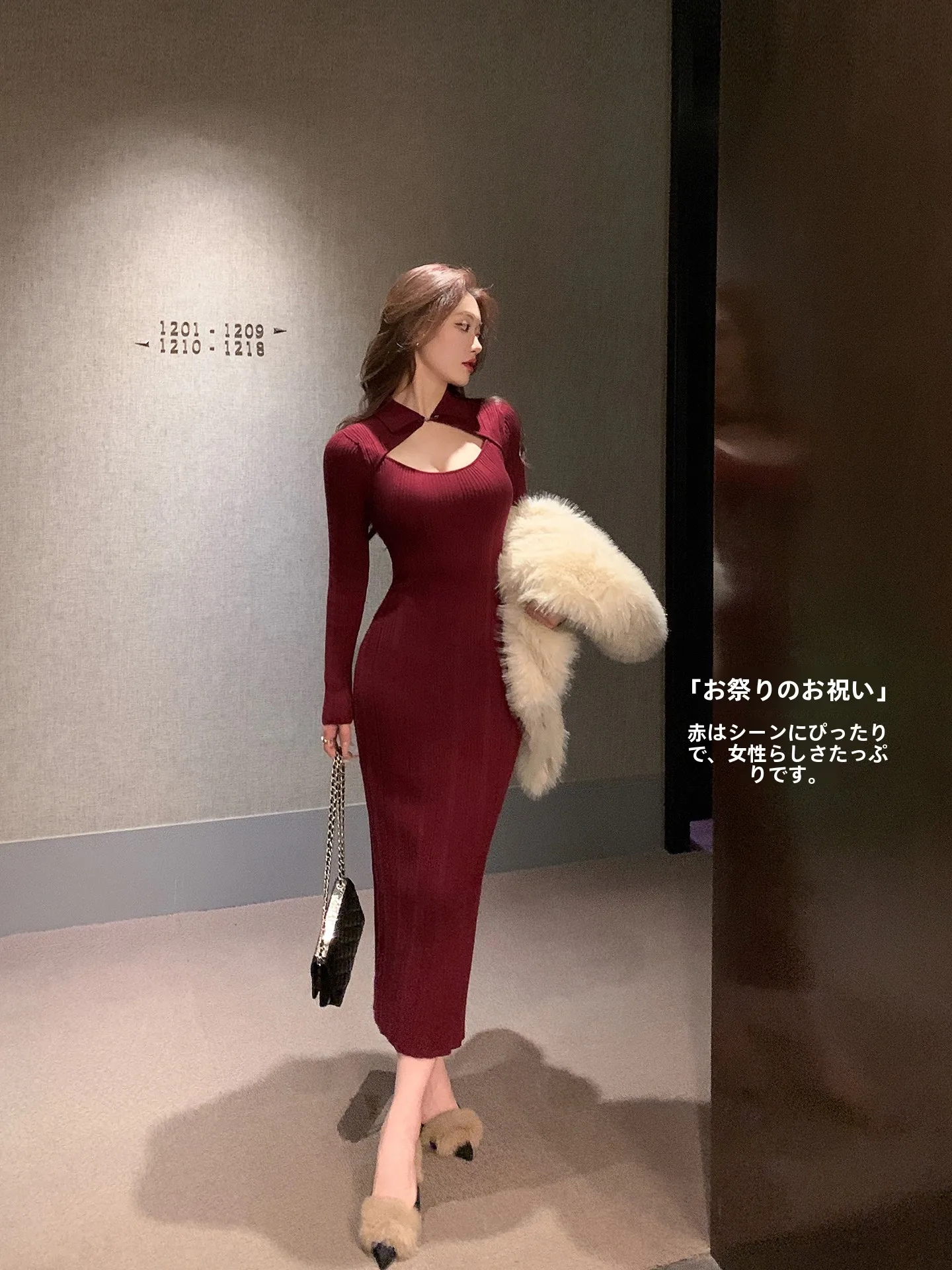 

Red Knitted Slim Fit Long Dress New Year Chinese Style Fake Two-Piece Wrap around Skirt Autumn Winter High Elasticity Nylon B...