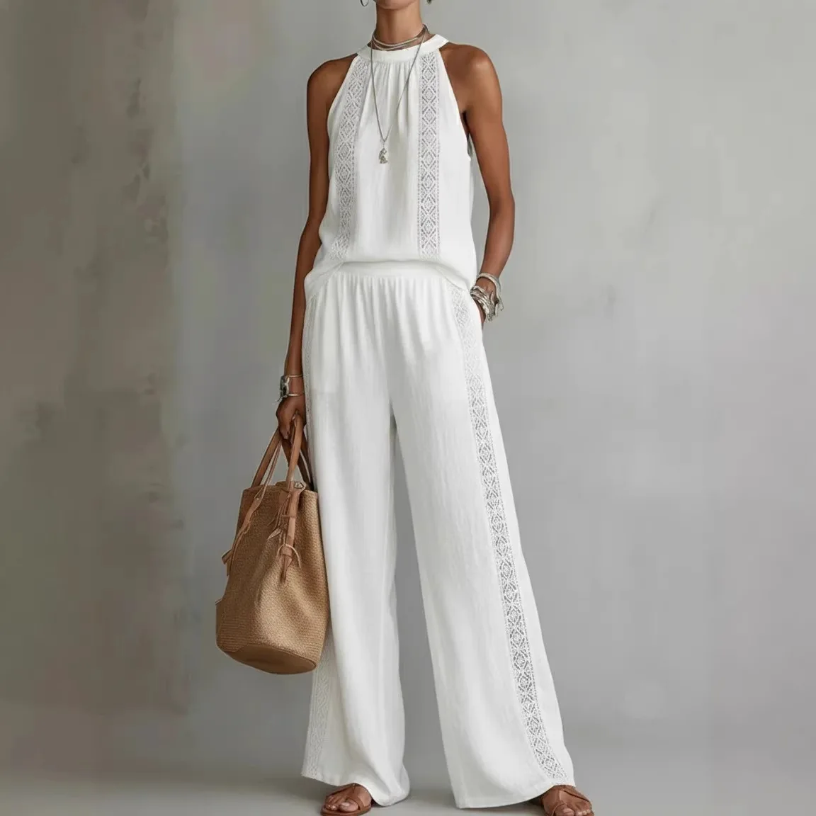 

Модный комплект: жилет и брюки, женские широкие брюки, топ без рукавов, повседневный костюм, летний новый комплект 2026, 2 предмета, одинаковые комплекты