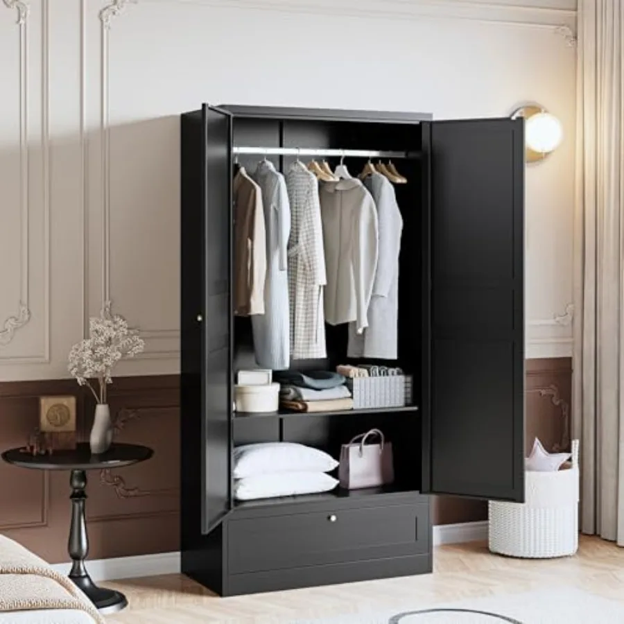 72 X 36 X 18 Black Metal Wardrobe Armoire with Drawers and Hanging Rod for Home Office Bedroom Storage Solution Durable Steel C