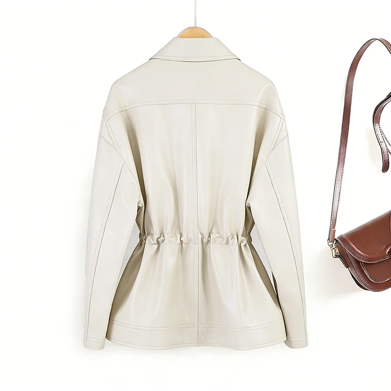 2026 AW Split Sheepskin Jacket Coats for Women Fashion Beige White Casual Double Breasted Slim Waist Short Leather Trench Coat