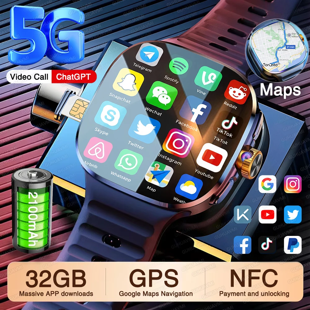 New 5G/4G Full Network Sim Smart Watch With Camera HD Video Call 3GB+32GB RAM Google Store WIFI NFC GPS Map Smartwatch Android