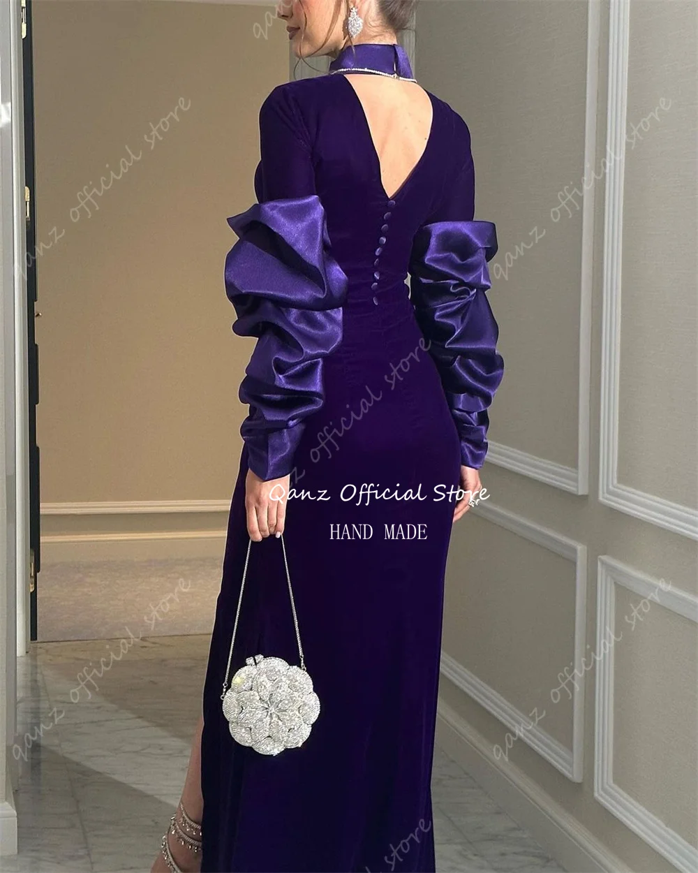 Qanz Saudi Arabia Evening Dresses Customized Velour Long Sleeves Dubai Prom Dress Mermaid Slit Floor Length Special Occassion