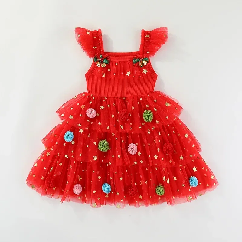 

1-6Y Kids Girls Christmas Tulle Dress Ruffle Strap Tiered Cake Dress with Sequins Pom Poms Festive Party Princess Dress Clothes