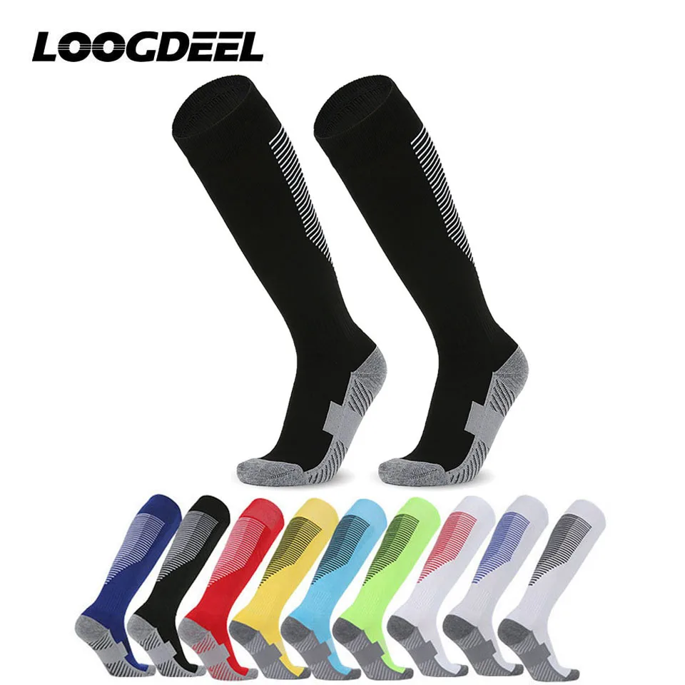 Loogdeel 1 Pair Long Knee Football Socks Children Boys Girls Adult Striped Soccer Socks Towel Bottom Non-Slip Sports Stockings