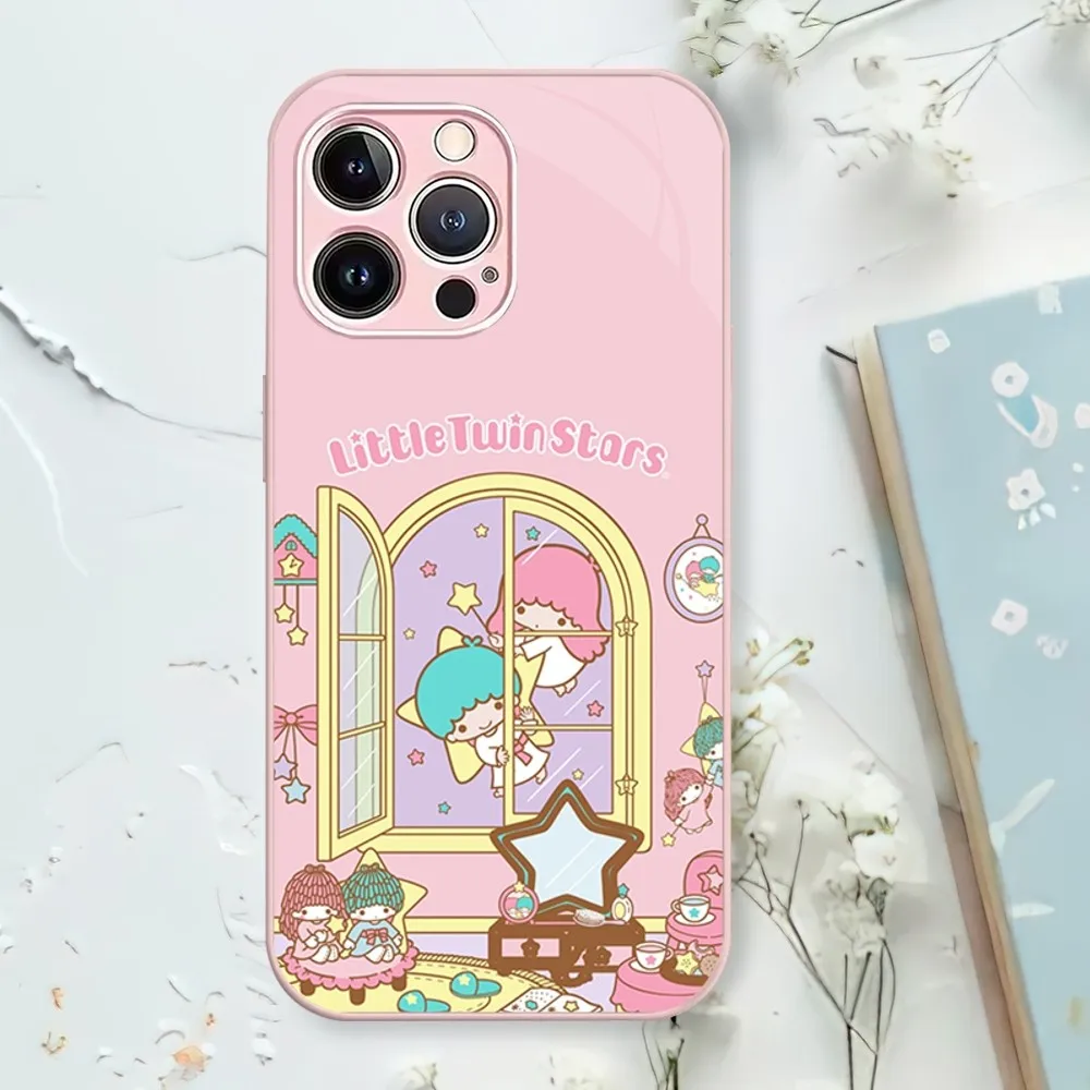 MINISO Sanrio Little Twin Stars Phone Case For iPhone 11 12 13 14 Mini Pro XS Max X S Plus XR Electroplated Painted Glass Shell