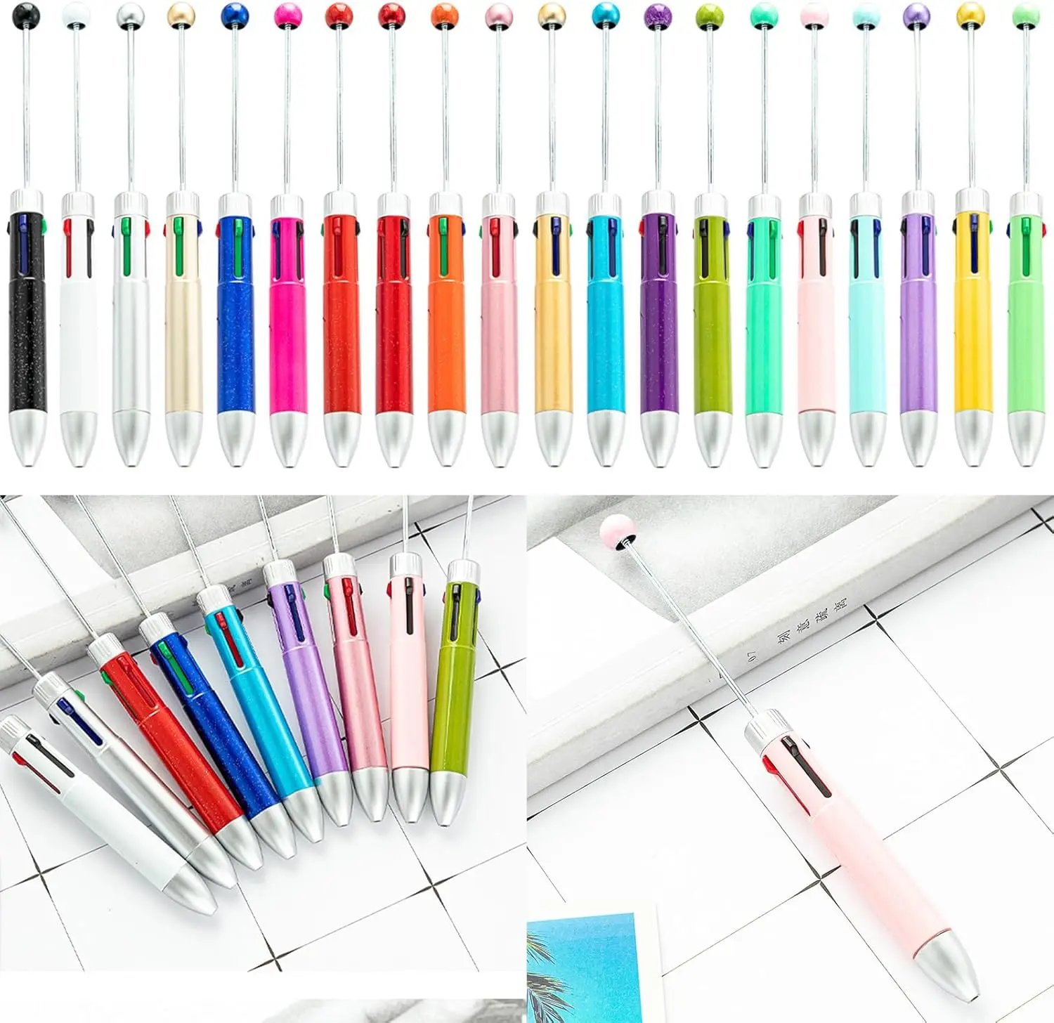 12Pcs 4 Color in 1 Beadable Pen Multicolored Ballpoint Pen 4 Color in 1 Retractable Ballpoint Pen for Student Teacher