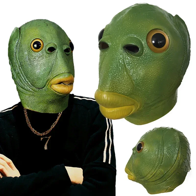 Weird Green Fish Mask Latex Green Fish Headgear Party Horror Spoof Funny Mask Cosplay Halloween Event Cosplay Props