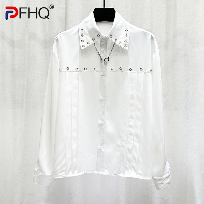 

PFHQ New Fashion Design Pleated Striped Metal Shirt Men's Trendy Casual Versatile 2024 Turn-down Collar Male Tops 21Z6187