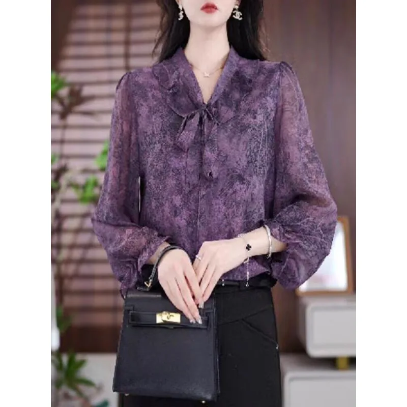 Koszula z długim rękawem chroniąca przed słońcem, cienka, z motywem kwiatowym, z jedwabiu lodowego, luźna bluzka szyfonowa dla mamy, modna, jesień 2025