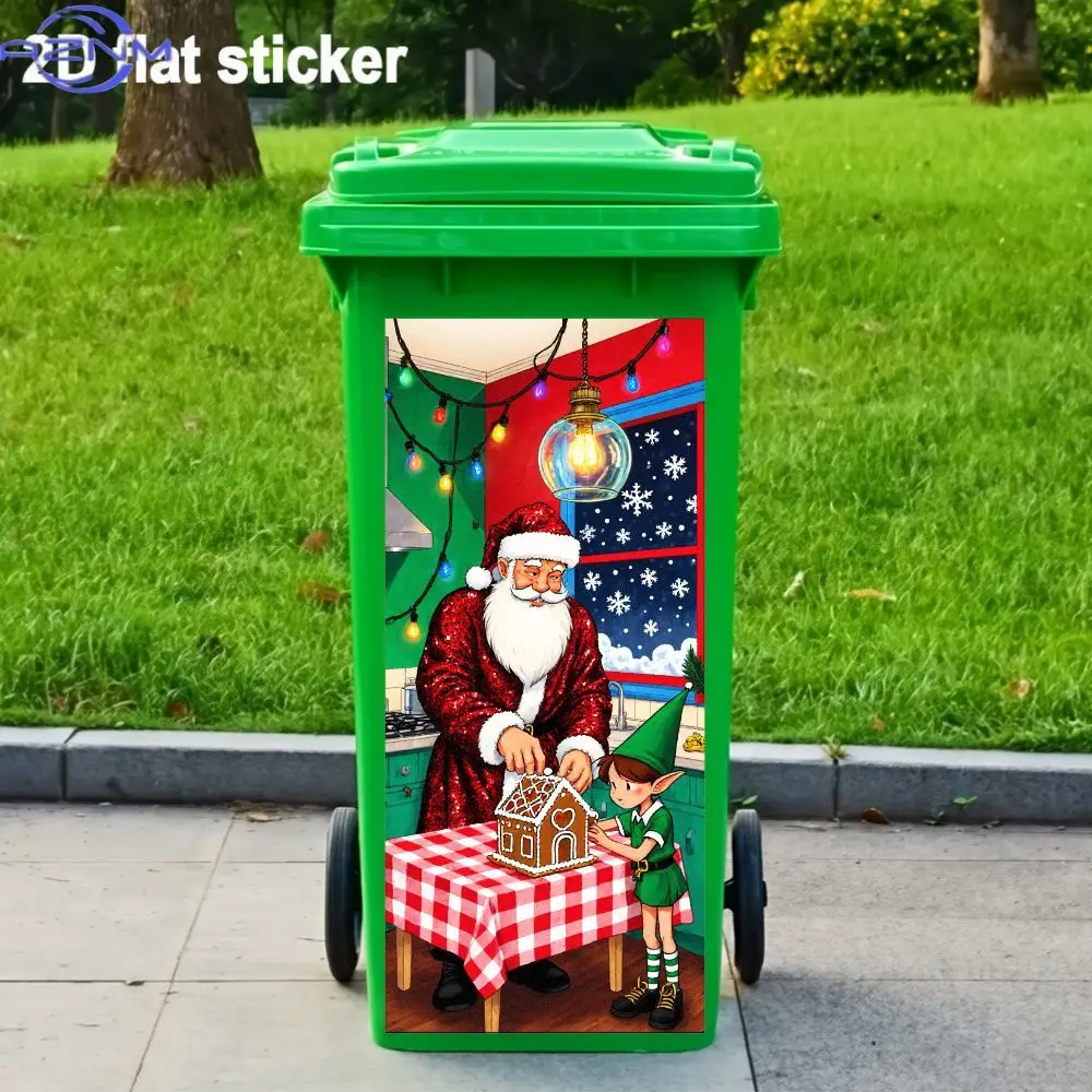 1pc 2D Flat Sticker, Cozy Christmas Kitchen Scene Illustration with Colorful String Lights, Snowflake-Patterned Window, Santa