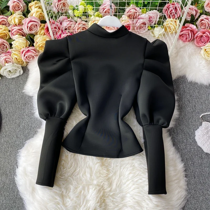 OCEANLOVE Blusas Mujer Solid Stand Collar Puff Sleeve Autumn Ins High Fashion Women Blouses Vintage Korean Elegant Shirts 19024