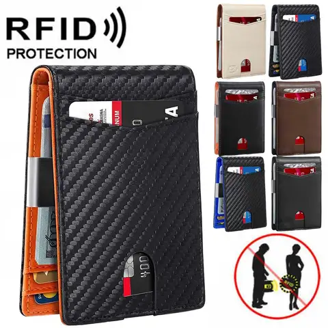 남성용 슬림 RFID 차단 얇은 소형 지갑, ID 신용카드 홀더, 스캔 방지, 가죽 지갑, 머니 클립 포함