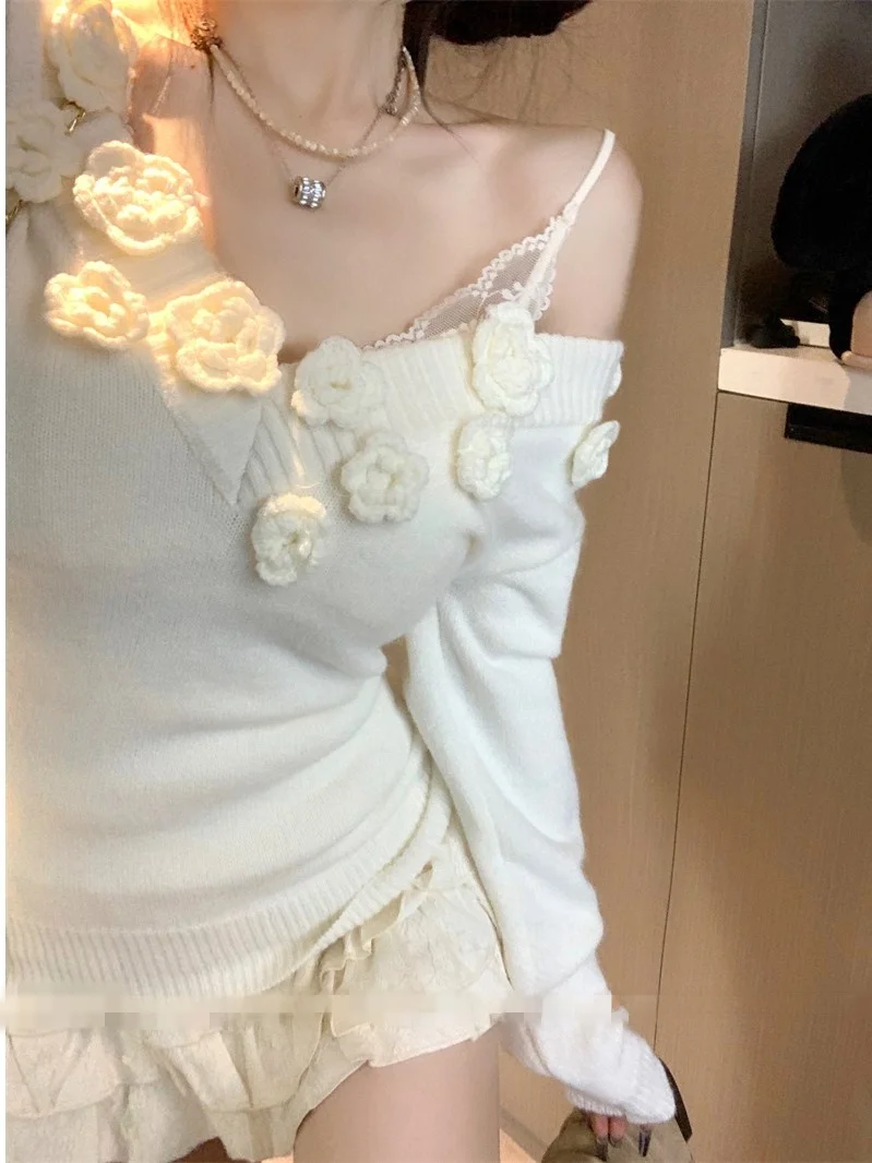 

Sweet And Spicy Long Sve V-Ne Knitted Sweater Women's Slim Fit Base irt Trendy Top for Autumn New Sle Floral 3D