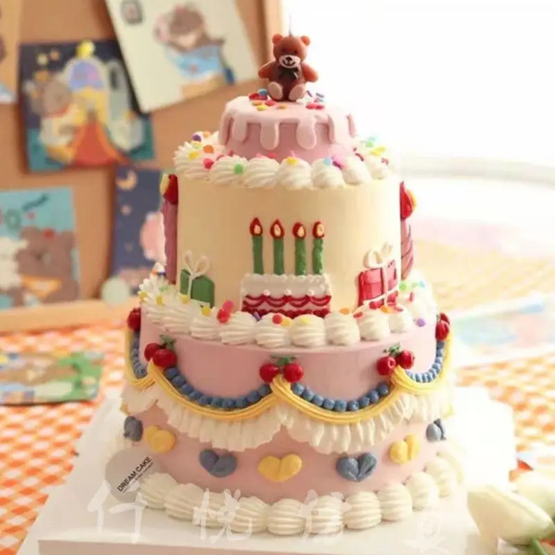 Double Layered Retro Cream Hand Drawn Cartoon Simulation Birthday Cake Model Plastic Decoration Art Children's Photography Props