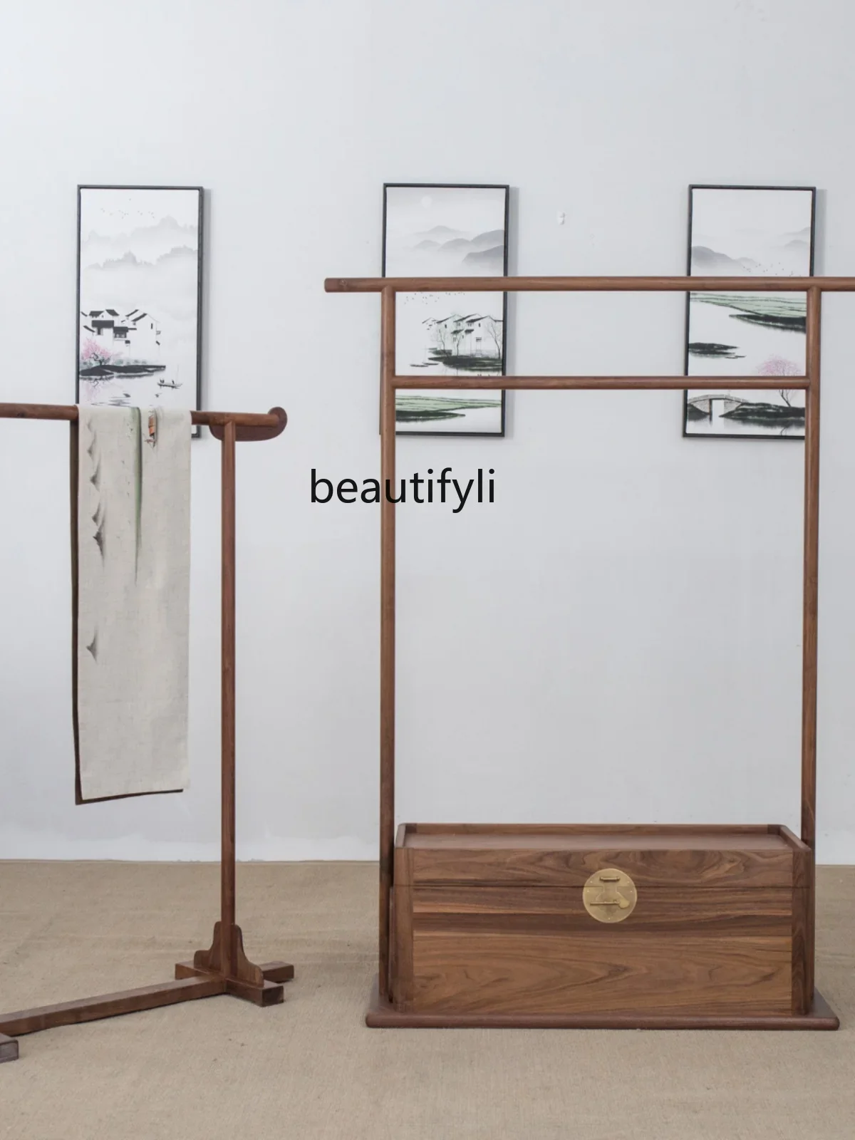 

North America Black Walnut Solid Wood Coat Rack New Chinese Floor Clothes Rack Zen Bedroom Coat Rack