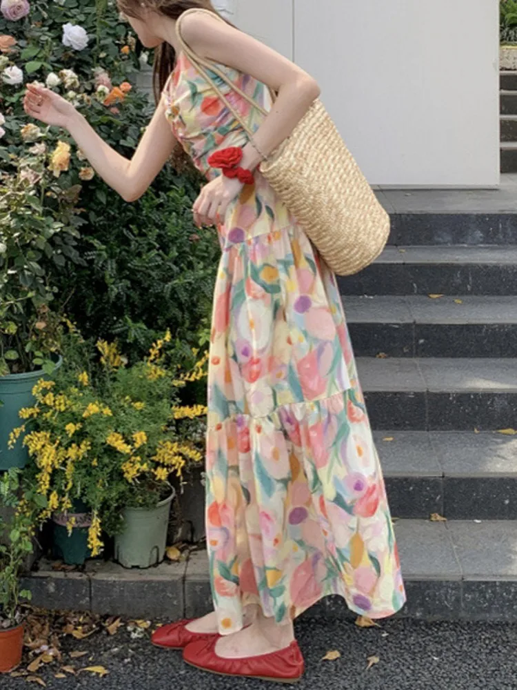 Vestido de gasa con estampado floral de verano ter Ne Long Dr Vaion Sle para mujer, cintura alta, corte en A, silueta Svel