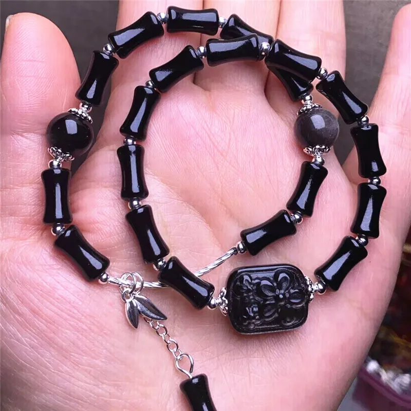 Chinese Style Natural Silver Obsidian Flower Tag Bamboo Joint Double Layer Bracelet Lucky Fortune Blessing Good Luck Obsidian