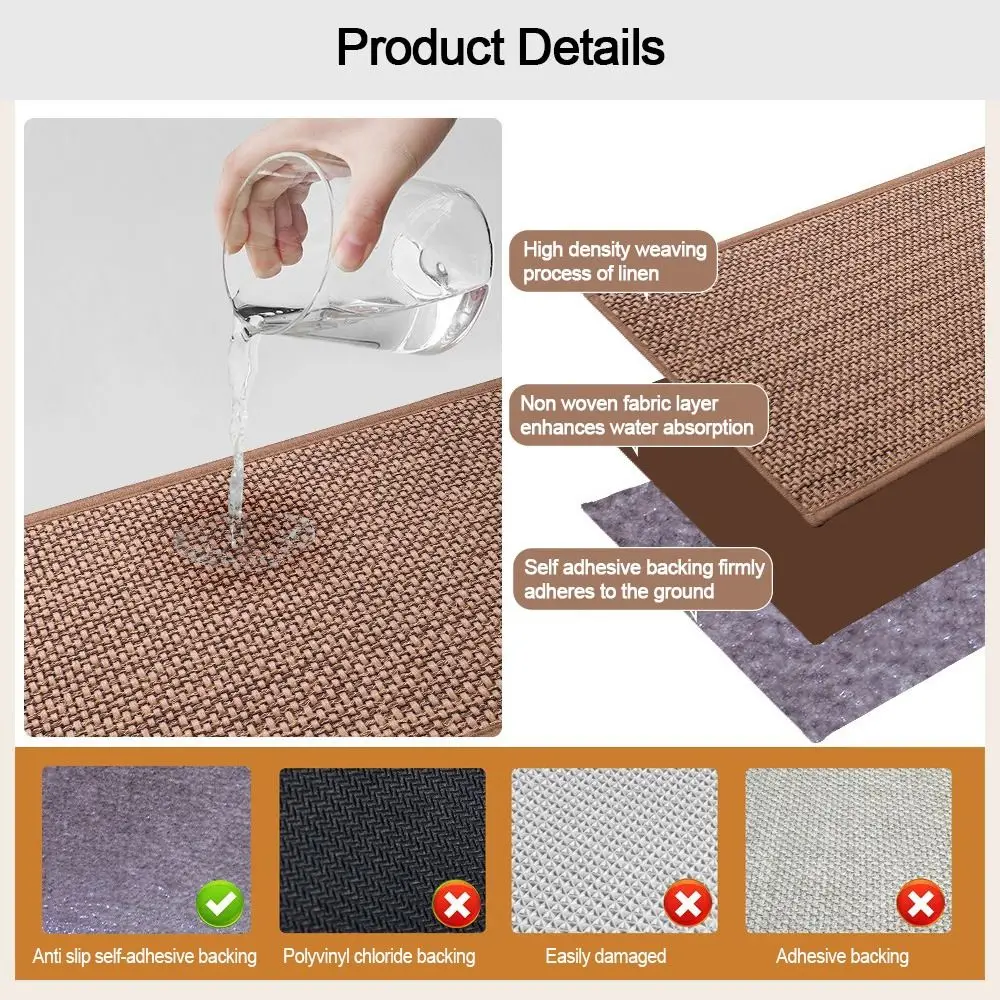 Durable Imitation Linen Stair Treads Water Absorption Non-Slip Stair Carpet Noiseproof Washable Home Steps Protective Mat Safe