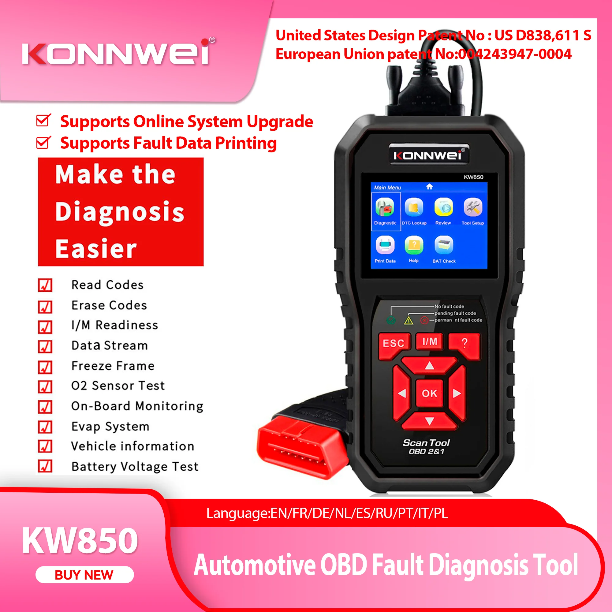 

New KONNWEI KW850 Full OBD2 Car Scanner Professional Auto Diagnostic Tools Engine System Check Code Reader DTC Lookup Pk Elm327