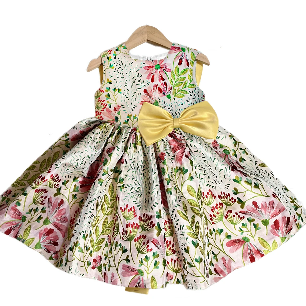 Champagne Floral Garden Brocade Satin Toddler Baby Flower Girl Dress for Wedding  Birthday Ceremonial Ball Gown for Gilrs 1-14Yr