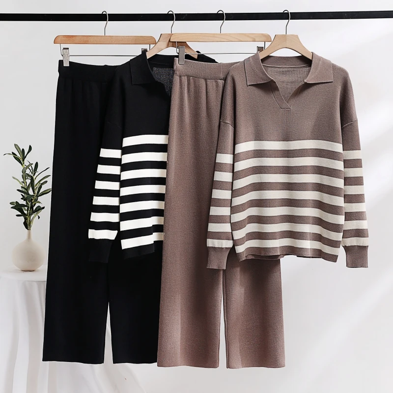 Casual Knit Tracksuit Women Two Piece Set 2 Piece Striped Sweater Matching Sets Loungewear Knitted Two Piece Sets For Women 2024