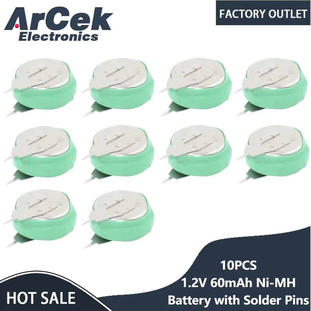 10PCS 1.2V 60mAh Ni-MH Rechargeable Battery with Solder Pins  for Solar Equipment Electric Toys Watch Timer Clock nimh Batteries