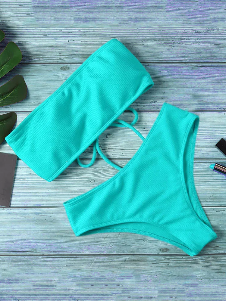 2024 New Bikini Women Swimwear High Waist Strapless Sexy Bikini Pure Color Women Swimsuit Padded Bathing Suit Monokin