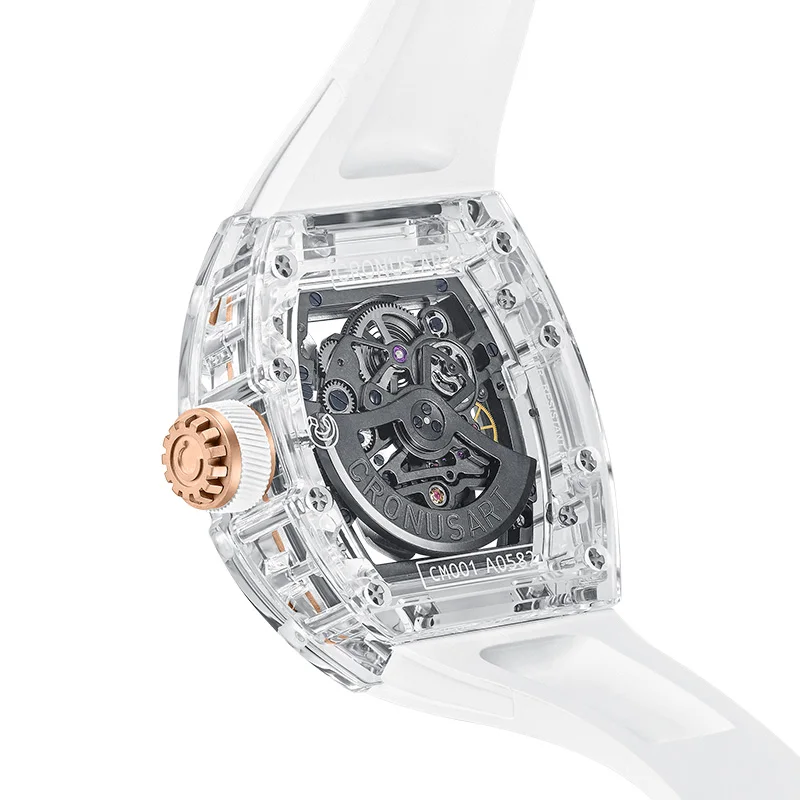 Cronusart relógio automático masculino 50mm luxo tonneau relógio de pulso mecânico caixa acrílica luminosa pulseira de borracha fluorada mostrador vitória