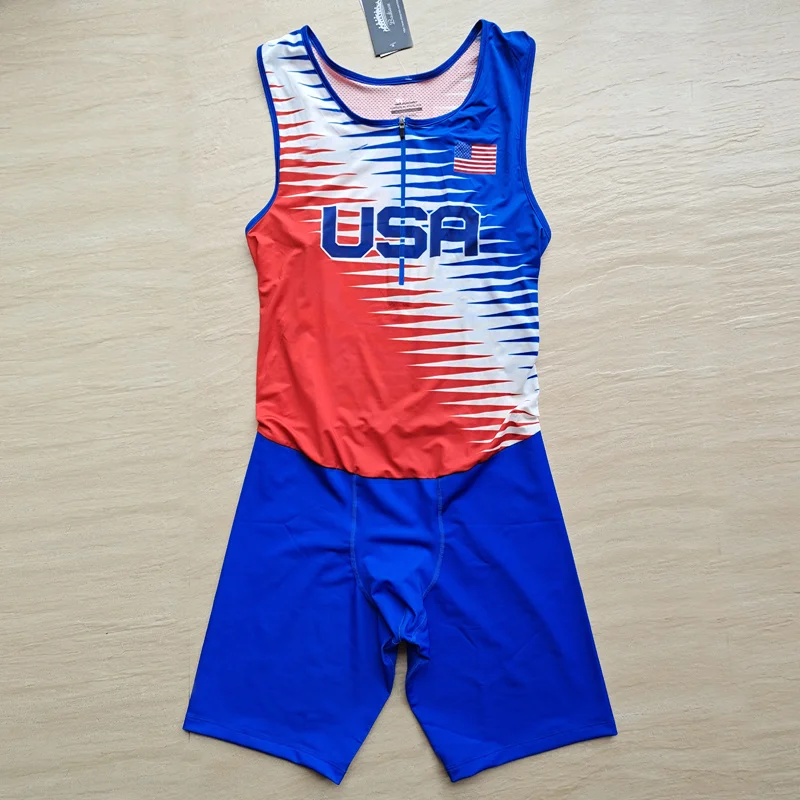 

2023 Tokyo USA Sleeveless Tights Man Track & Field Fast Running One Piece Suit Leotard 4*100 Speedsuit Outfit Customizable