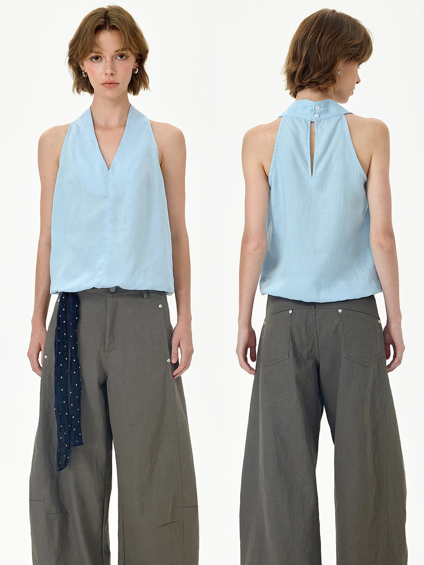 

Monroo Light Blue V-Ne Linen Casual Svel Top Women Summer Vest Comfortable Breathable Skin-Friendly Loose Fit