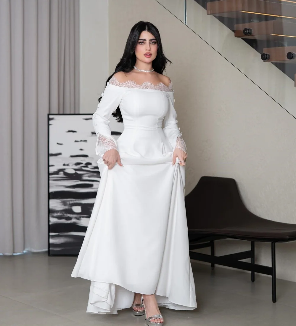 

Customized Beige Exquisite Elegant Jersey Pleat Lace Button A-line Off-the-shoulder Long Dresses Evening Dresses Casual Fashion