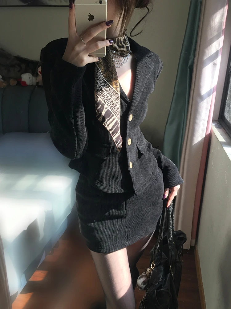 

Korean Style High Waist Short Suit Jacket Women's Black Autumn Winter Fashion Set Slimming Skirt Two Piece Ensemble