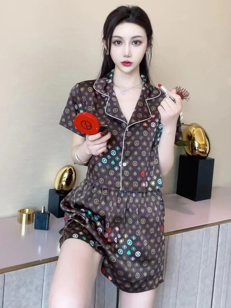 2024 Summer New Short-Sleeved Shorts Ice Silk Women\'s Pajamas Thin Simple Casual Outwear Home Clothes Suit