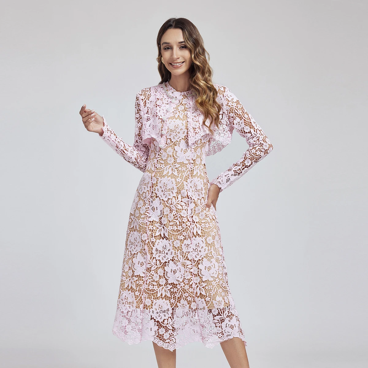 Runway Autumn Pink Lace Party Dress Suits Women Long Sleeve Diamonds Pearls Button Short Coat + Vest Midi Dresses Two Piece Set