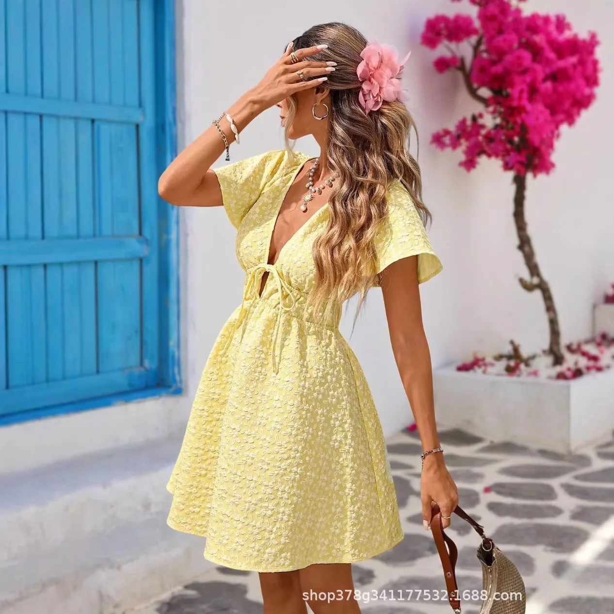 

European and American Spring New Style V-neck Elastic Waist Short-sleeve Solid Color Casual Temperament Sexy Dress