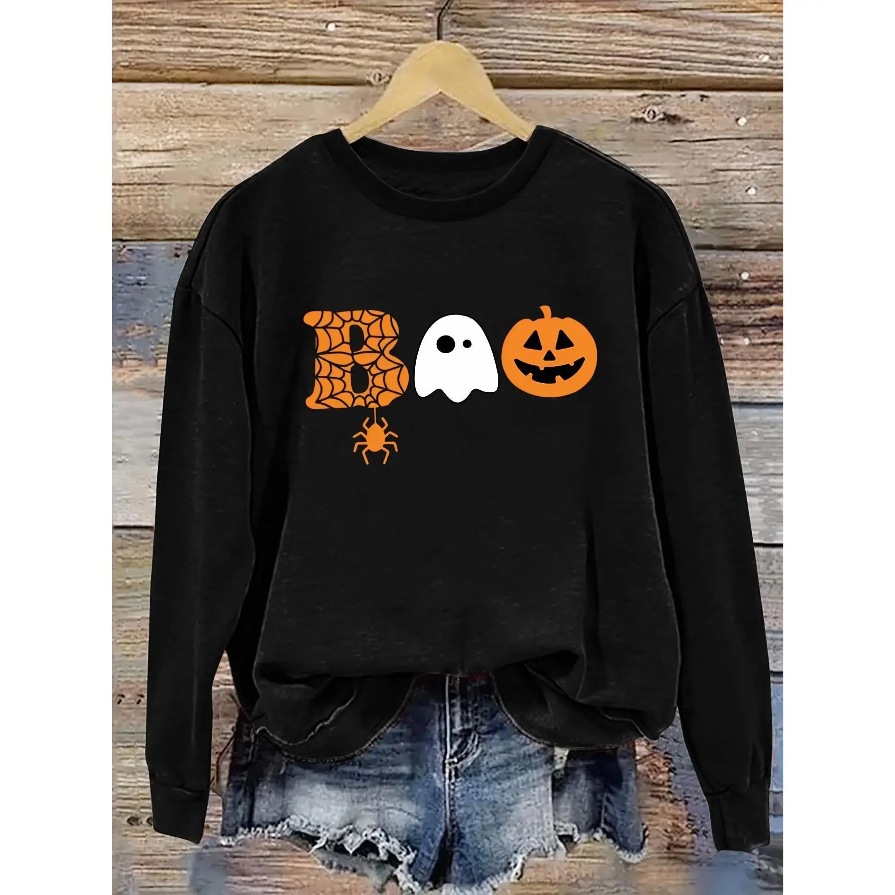 

Funny Boo Halloween Sweatshirt | Women's Ghost Pumpkin Spider Crewneck Jumper | Horror Theme Fall Party Graphic Pullover