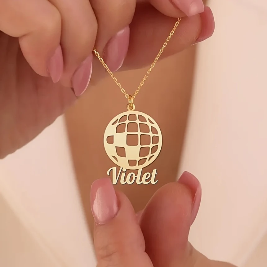 

1pc Personalized Disco Ball Name Necklace Custom "Violet" Engraved 18K Golden Plated Vintage Hip Hop Jewelry for Women