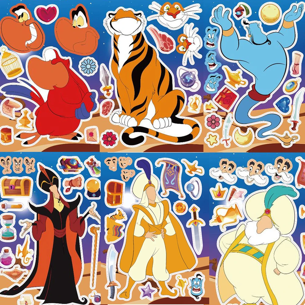 8/16Sheets Cute Disney Princess Jasmine Cartoon Make a Face Puzzle Stickers DIY Game Aladdin Jigsaw Educational Toys Gifts